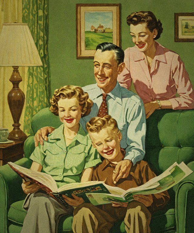 Painting of a smiling 1950s family reading a big picture book together on a green armchair